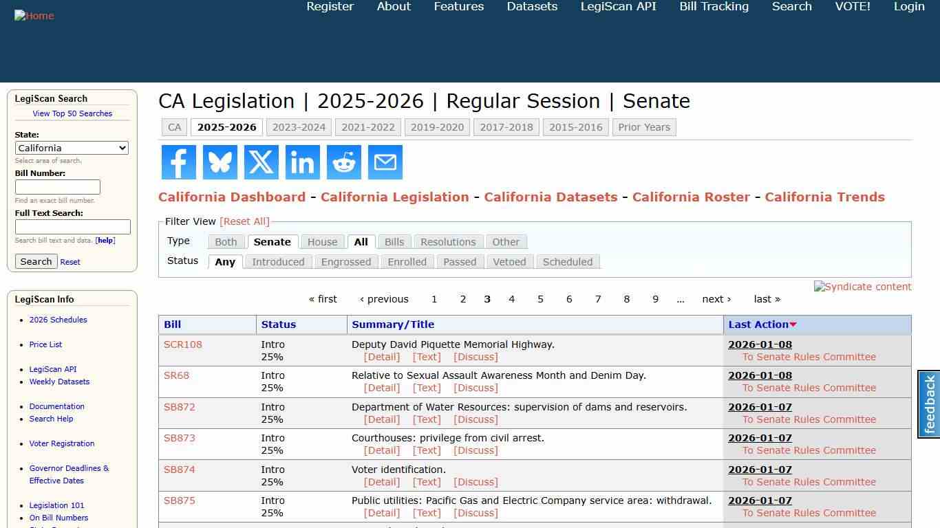 CA Legislation | 2025-2026 | Regular Session | Senate | LegiScan