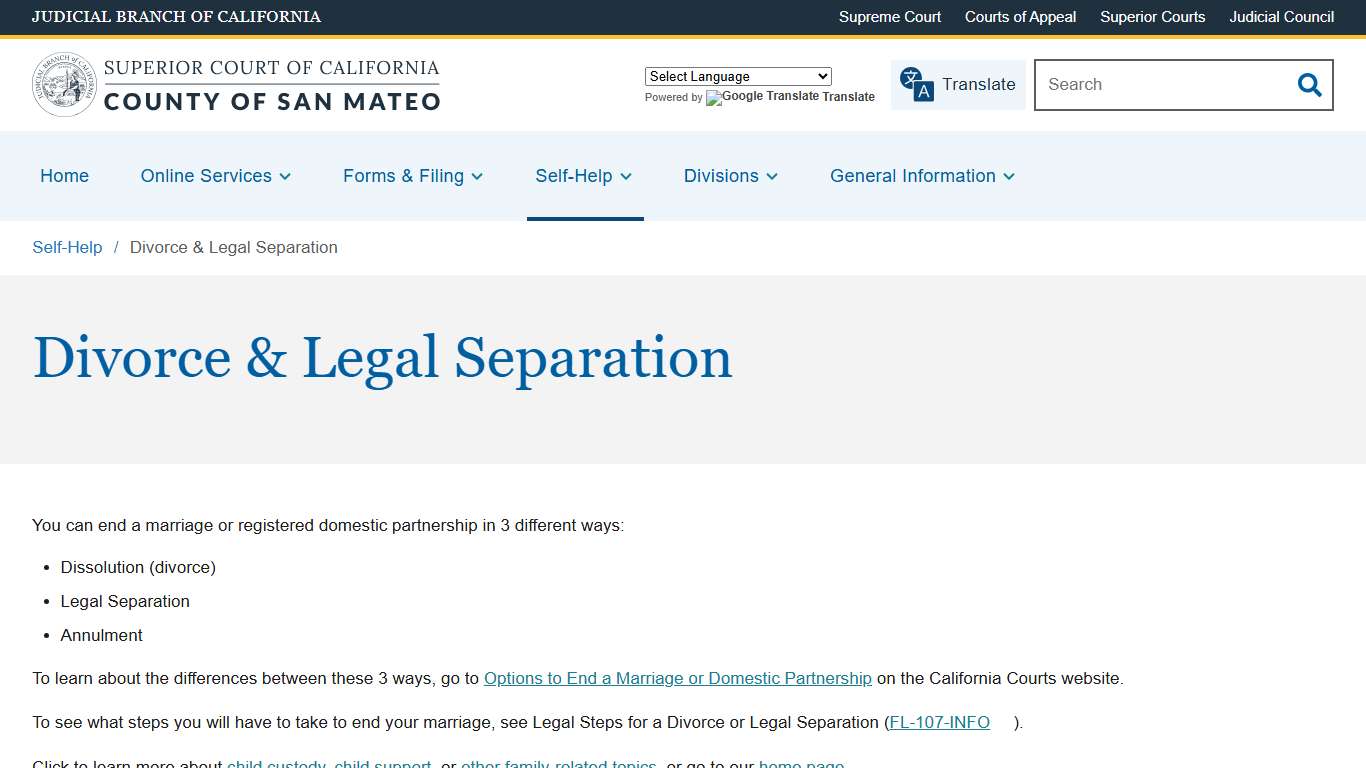 Divorce & Legal Separation | Superior Court of California | County of San Mateo